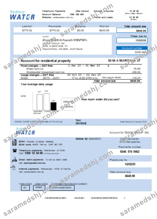 Sydney Water utility business bill,  KA